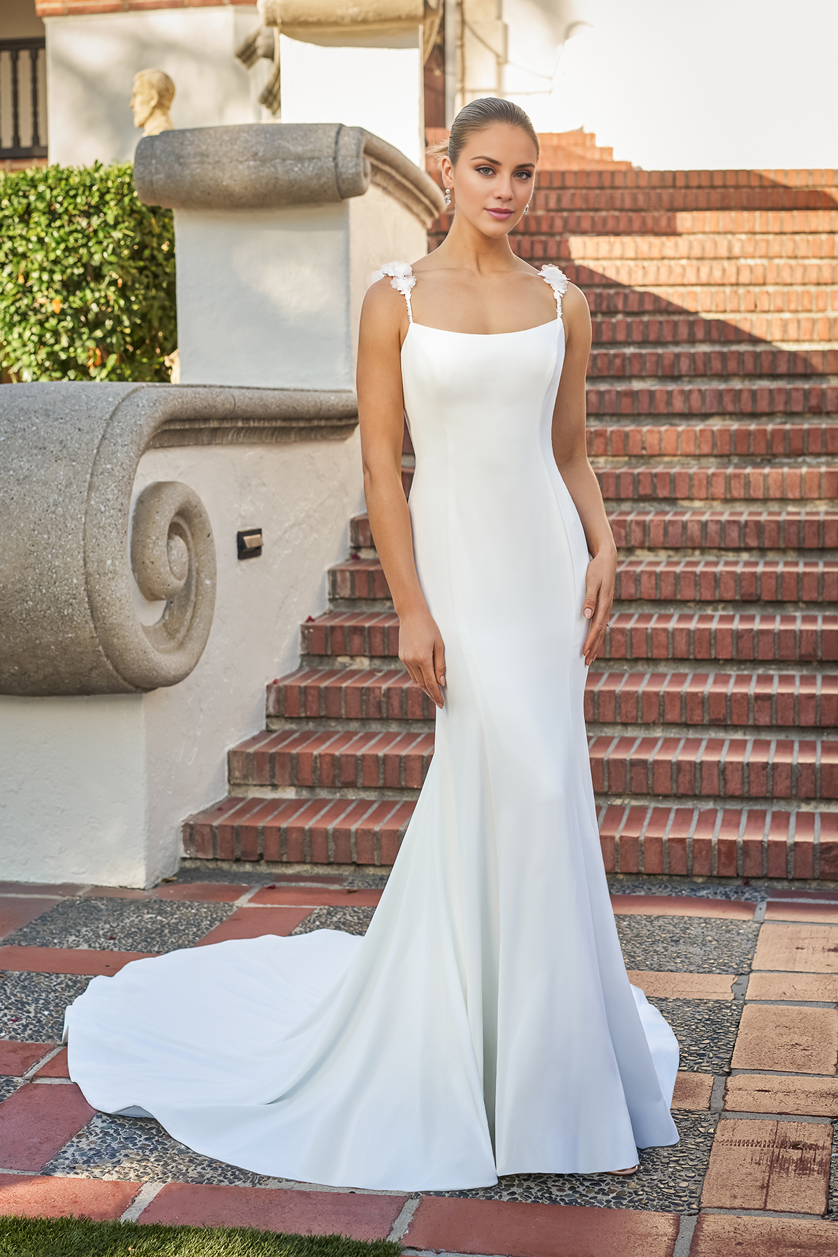 Boat shaped neck thin shoulder strap beaded embroidery lace and floor length wedding dress