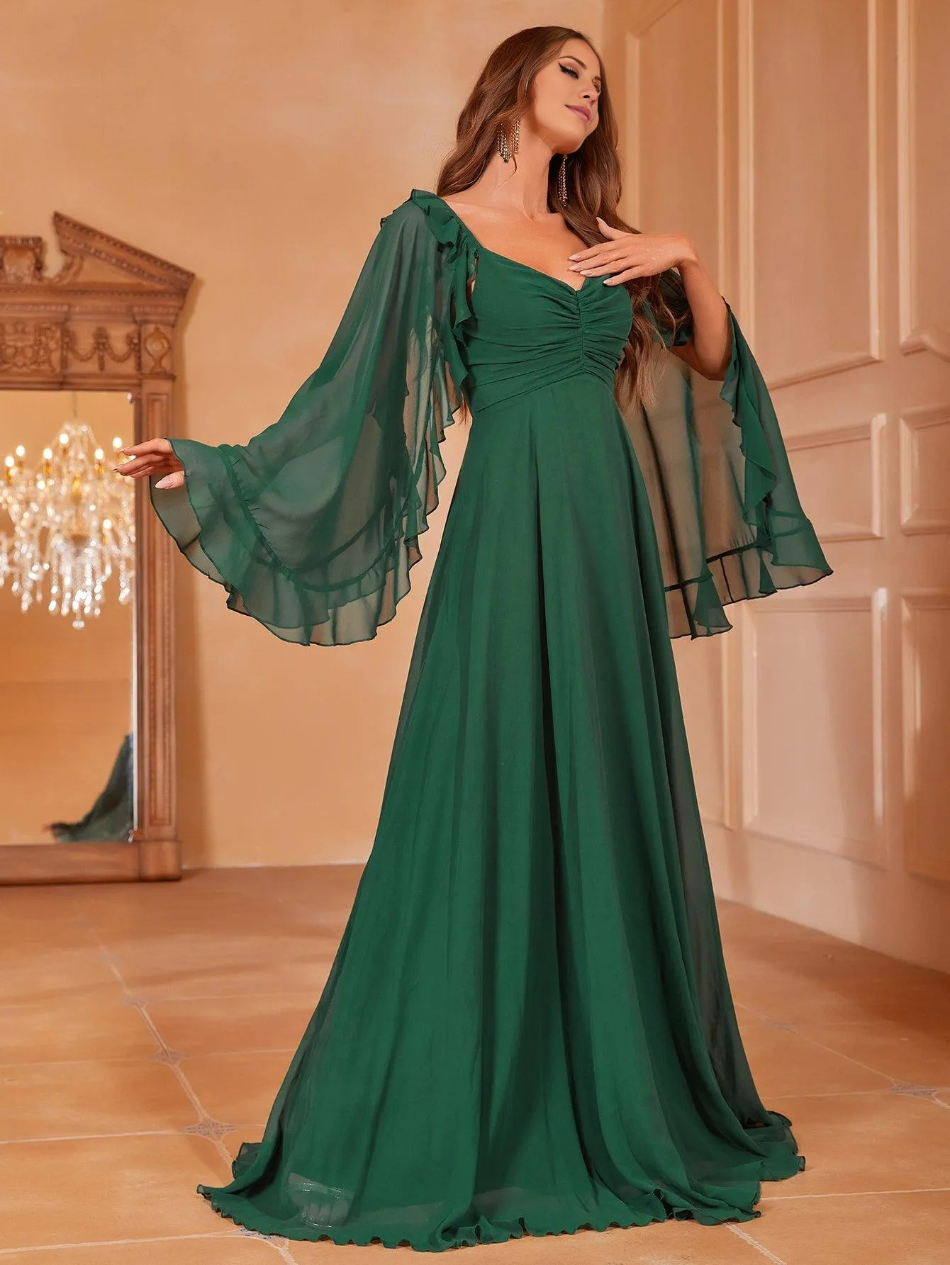 Cape sleeve chiffon backless and floor length formal dress