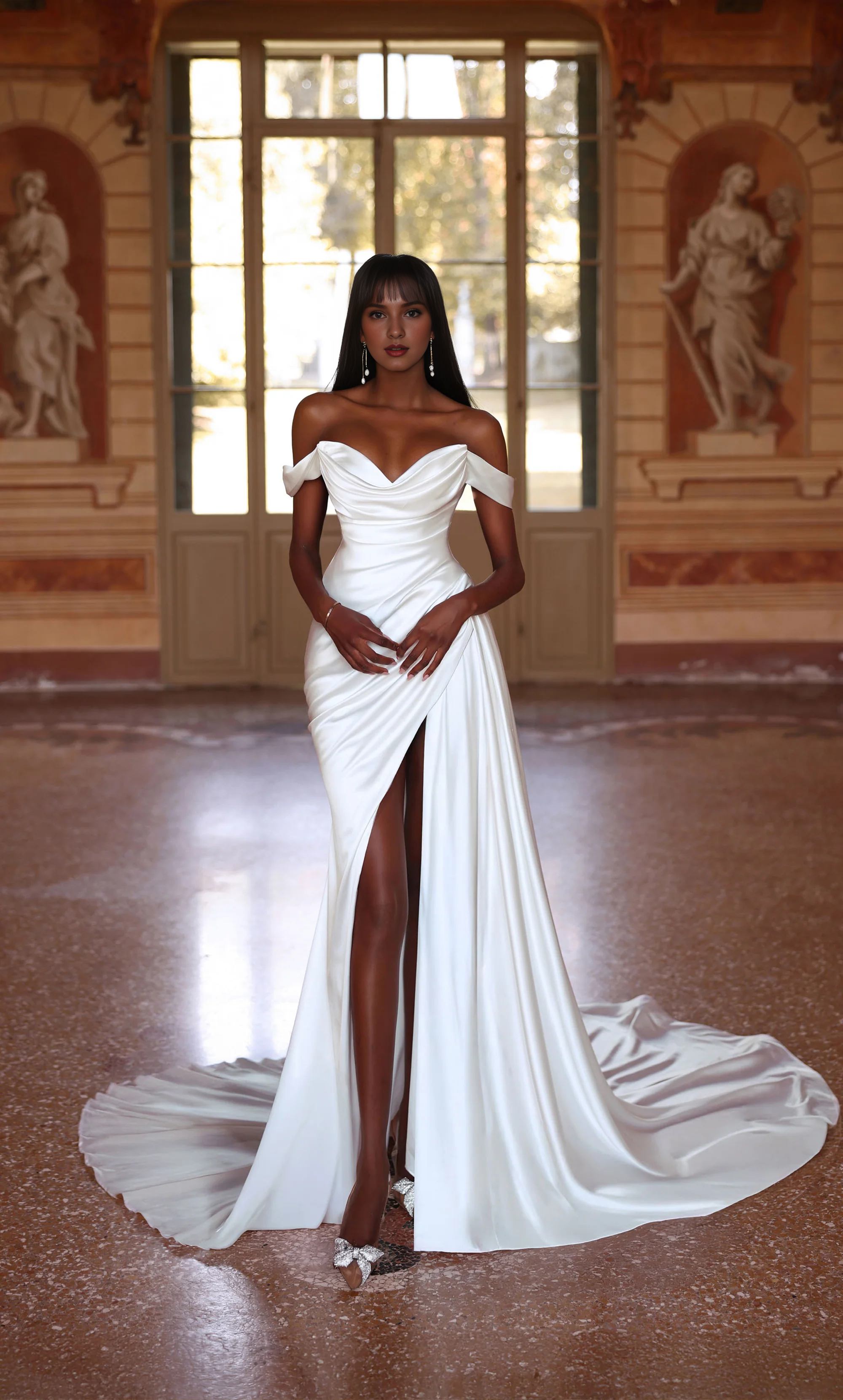 Satin off shoulder straight slit wedding dresses