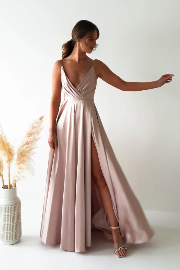 Thin shoulder strap V-neck side slit and floor length Prom dress - Jimiss Dress