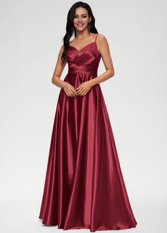A-line V-neck floor-length satin prom dress
