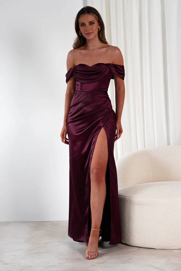 Off shoulder collar satin side slit backless and floor length Prom dress - Jimiss Dress