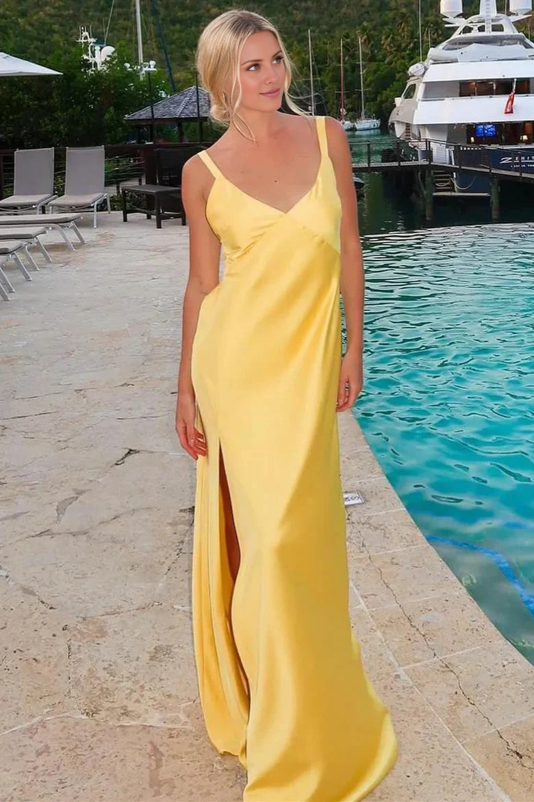 Jimiss V-neck yellow backless slit long Prom dress