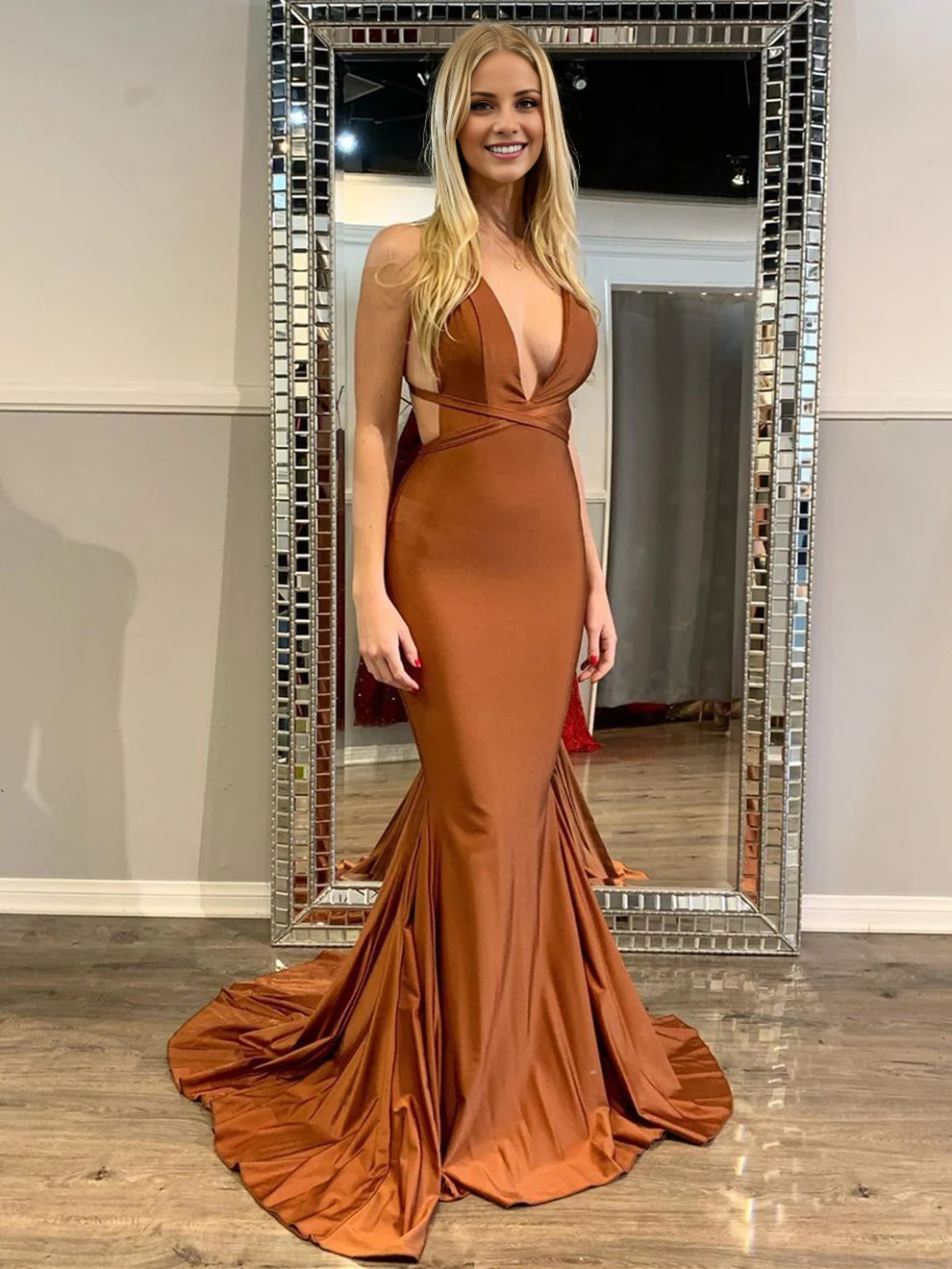 Jimiss sexy long mermaid V-neck satin backless graduation formal prom dress