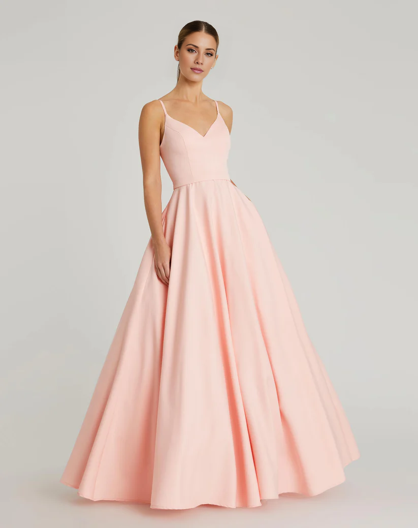 A-line V-neck spaghetti strap sleeveless floor-length evening dress