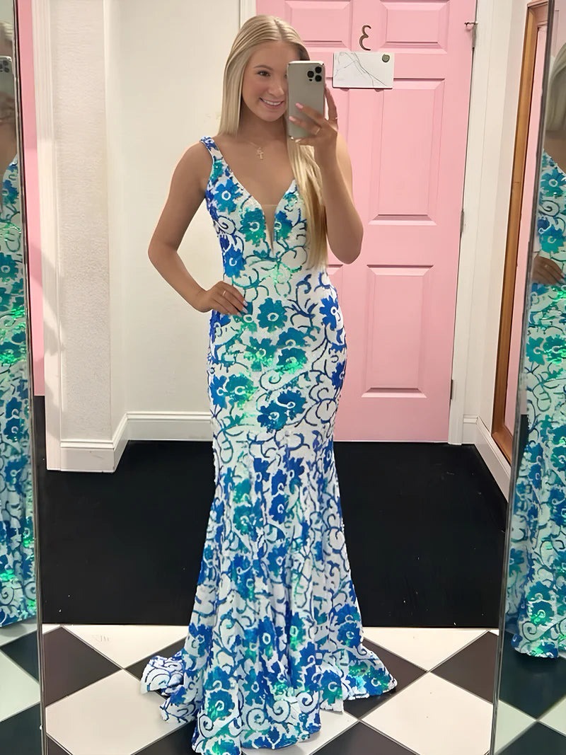 V Neck Blue White Sequins Long Mermaid Prom Dresses
