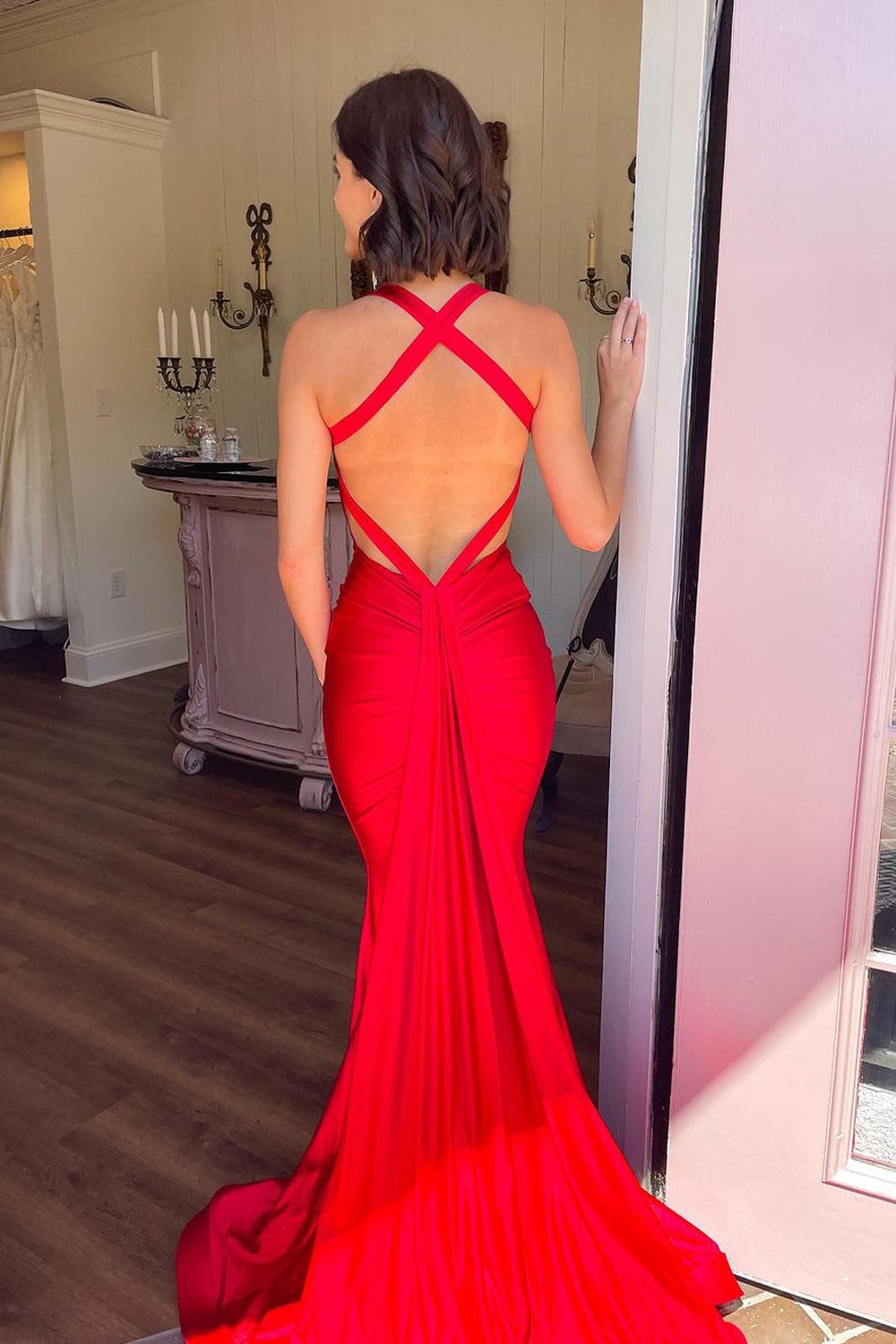 Mermaid V Neck Red Satin Long Prom Dresses