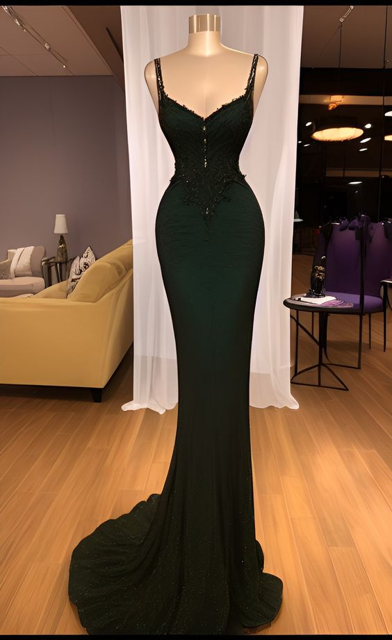 Sparkly Mermaid Spaghetti Straps Sleeveless Sequin Dark Green Prom Dresses Long Prom Dress P487