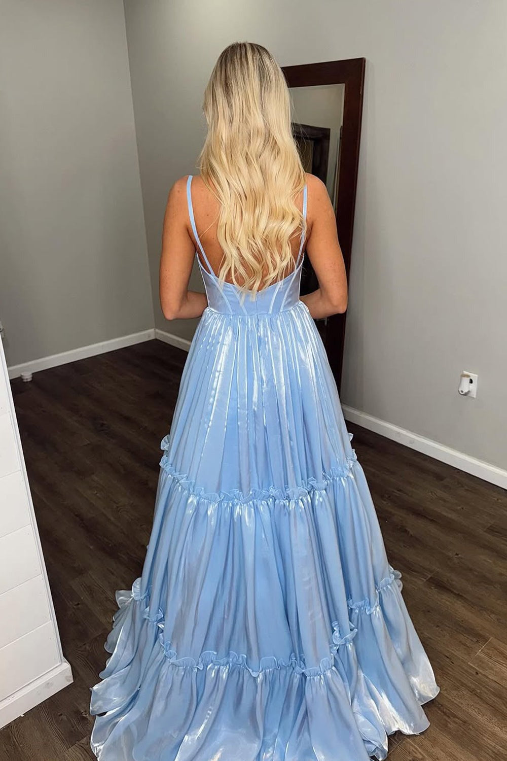 V Neck Light Blue Glitter Organza Satin A Line Prom Dresses