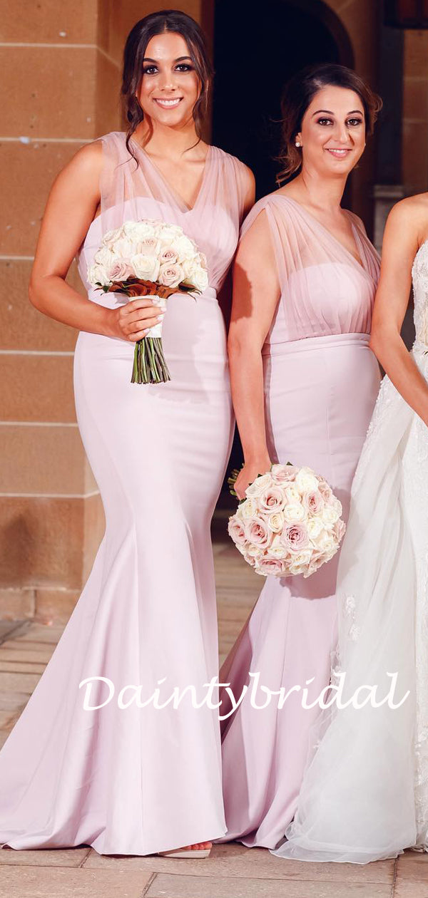 Elegant Sweetheart Simple Mermaid Tulle Pink Long Bridesmaid Dresses.DB10049