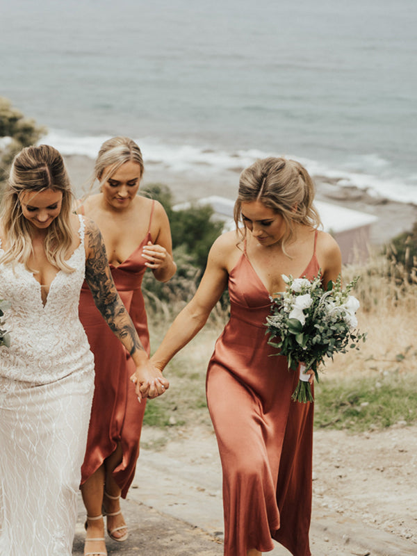 Sexy V-neck Spaghetti Strap Simple Side Slit Long Bridesmaid Dresses.DB10761