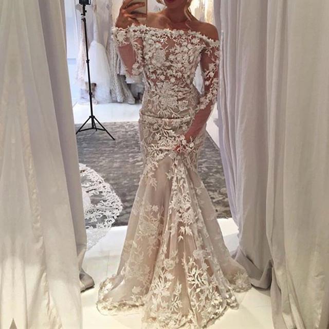 Off The Shoulder Long Sleeves Lace Mermaid Prom Dresses 2018