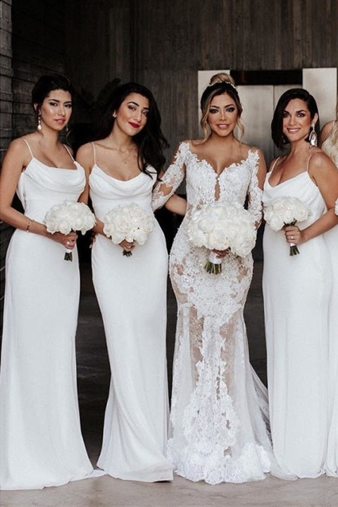 Cowl Neck Mermaid White Chiffon Bridesmaid Dress