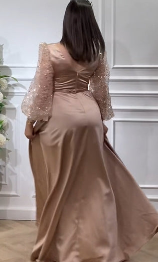 Wholesale A-Line Evening Gown Elegant Dress Formal Fall Sweep / Brush Train Long Sleeve V Neck Satin with Glitter Pleats Strappy