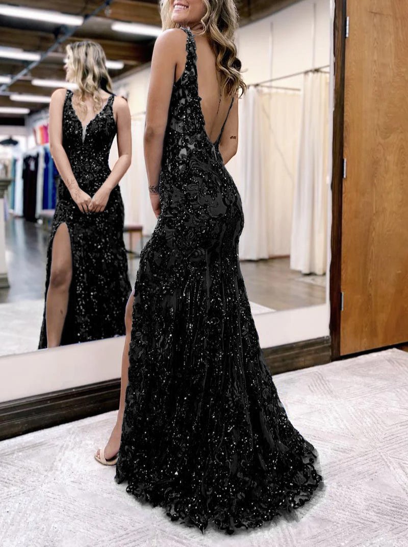 Mermaid V Neck Sequined Lace Prom Dress with Slit