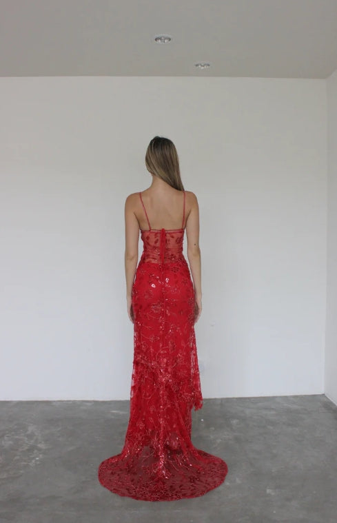 Aimishang Elegant Formal Dress Gowns Sheath Spaghetti Straps Red Sparkly Long Prom Dresses Charming Evening Party Dress