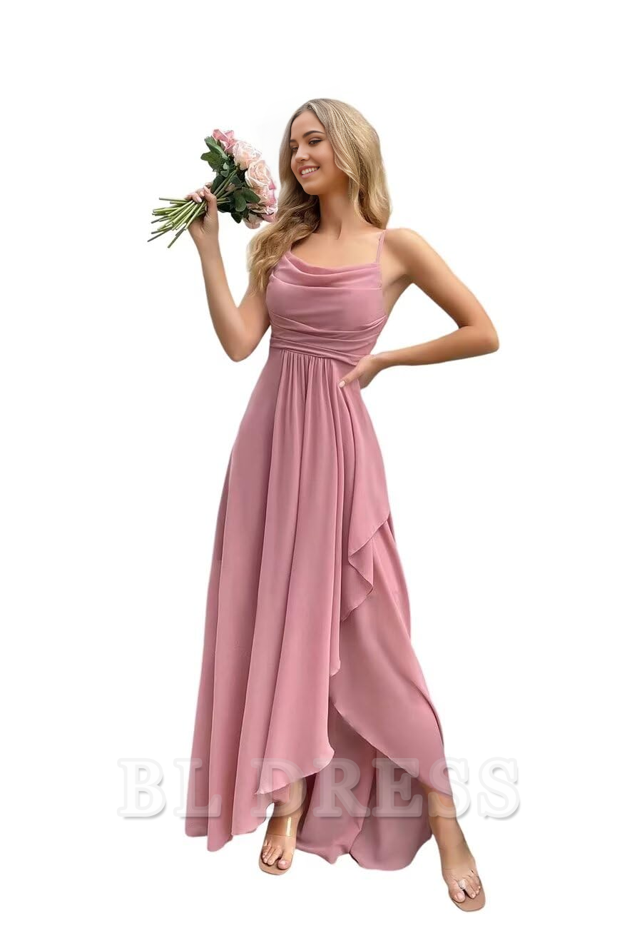 A-line Spaghetti Straps Chiffon Slit formal dresses Bridesmaid Dresses evening gown Prom Dress