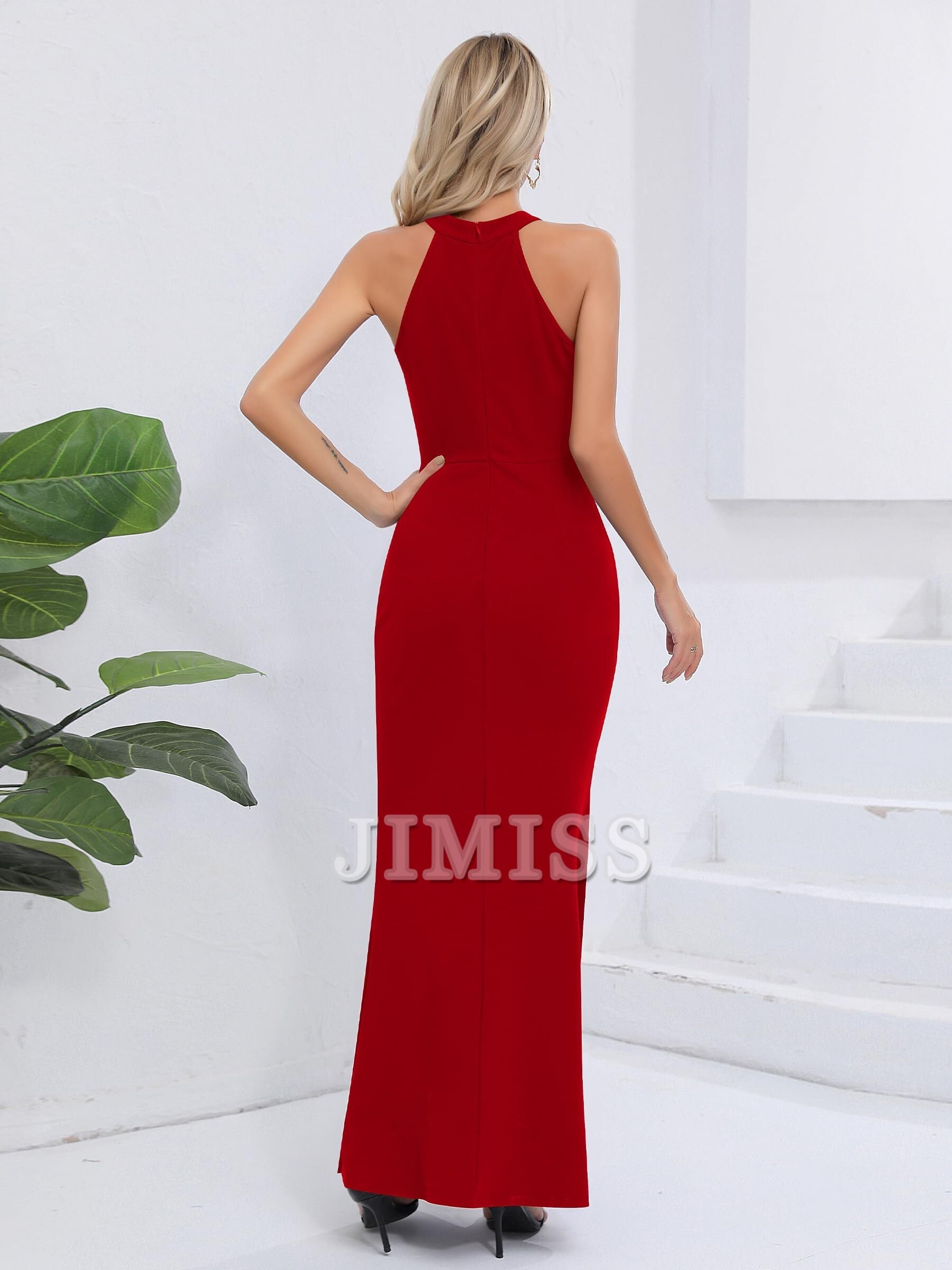 Long party dress with neck hanging sleeveless slit elegant slim fit evening gown