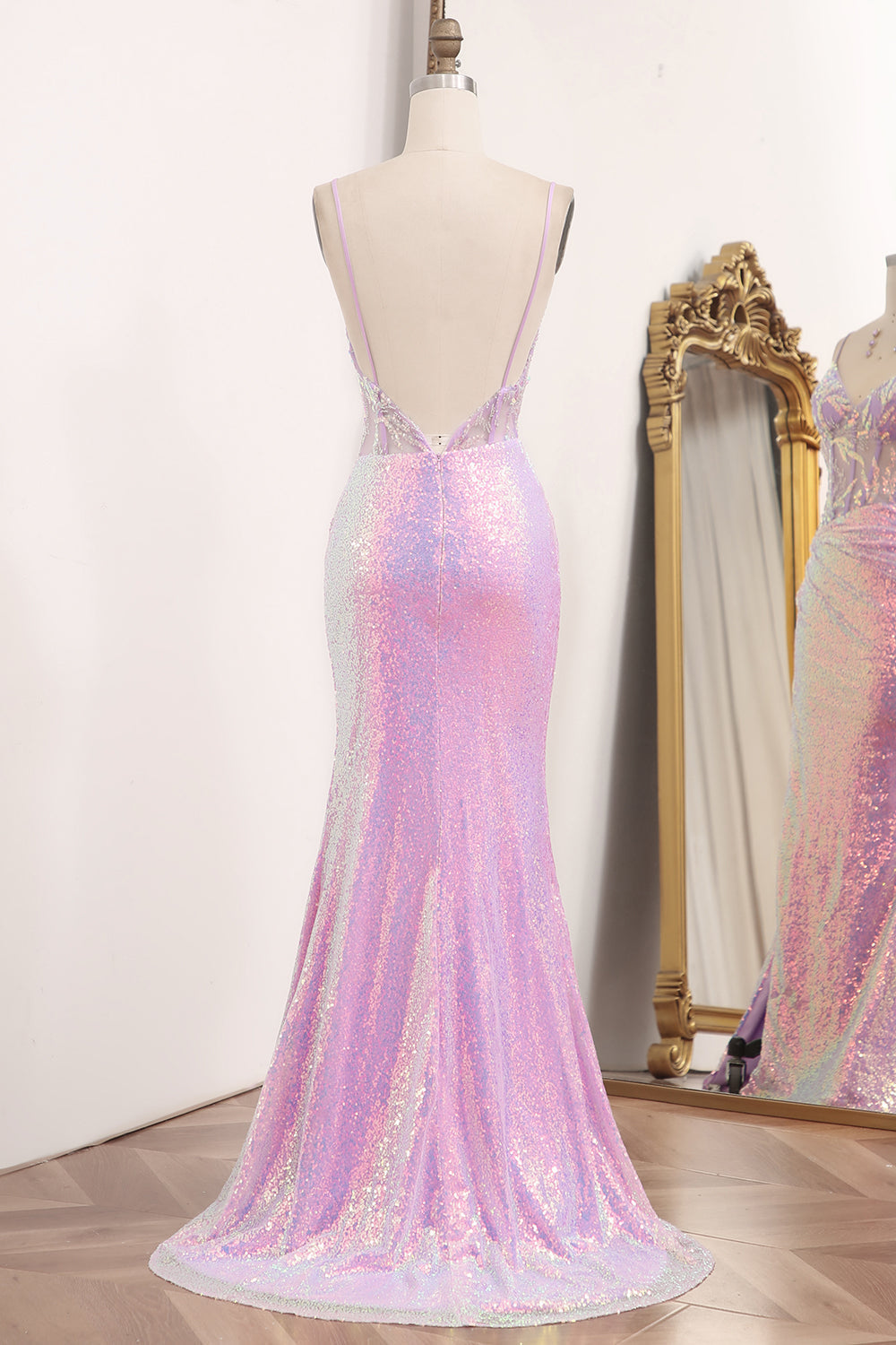 Light Purple Sequined Mermaid Long Corset Prom Dress With Slit Sparkly