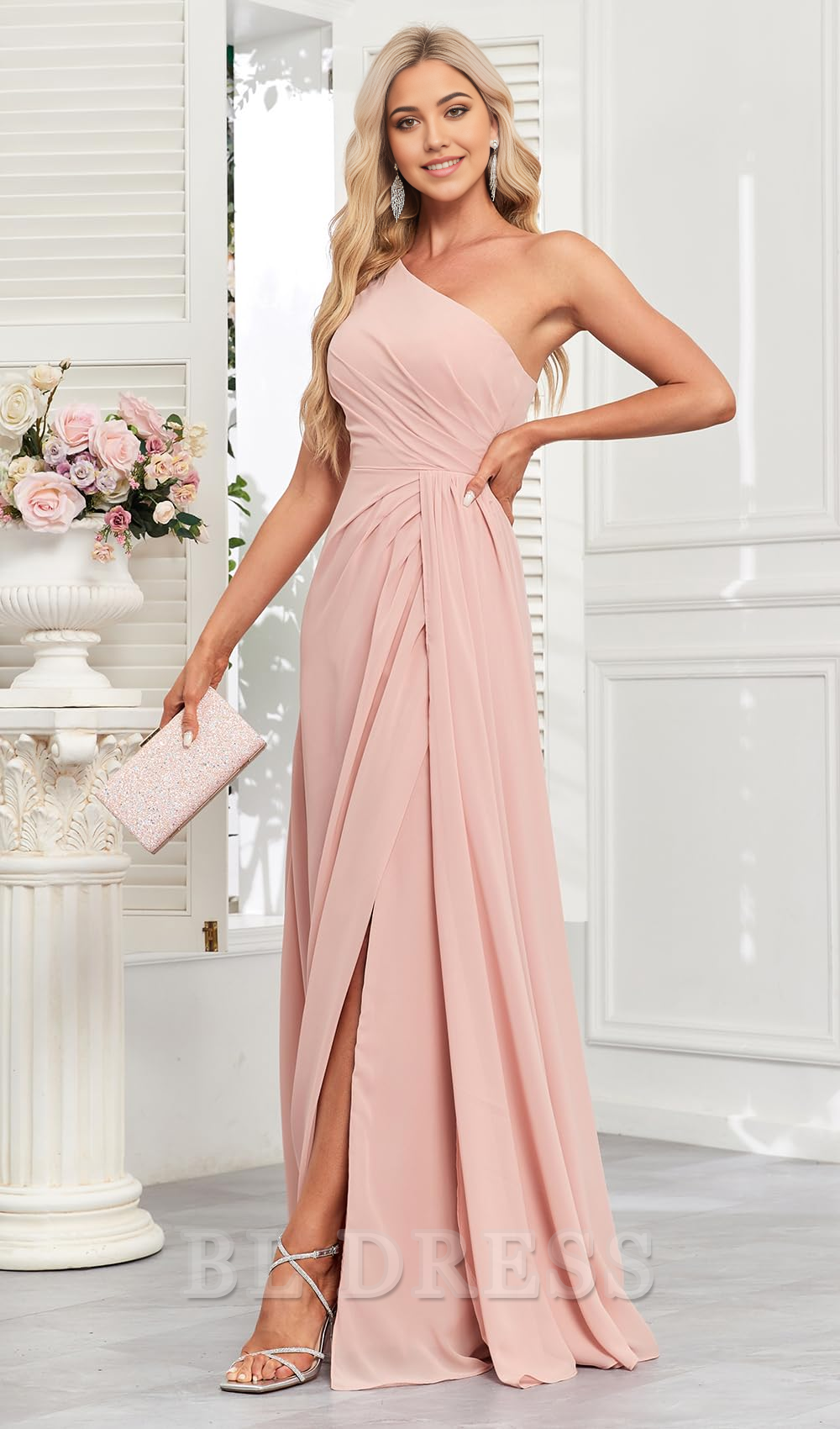 A Line One Shoulder Long Ruched Chiffon formal dresses Bridesmaid Dresses evening gown Prom Dress with Slit
