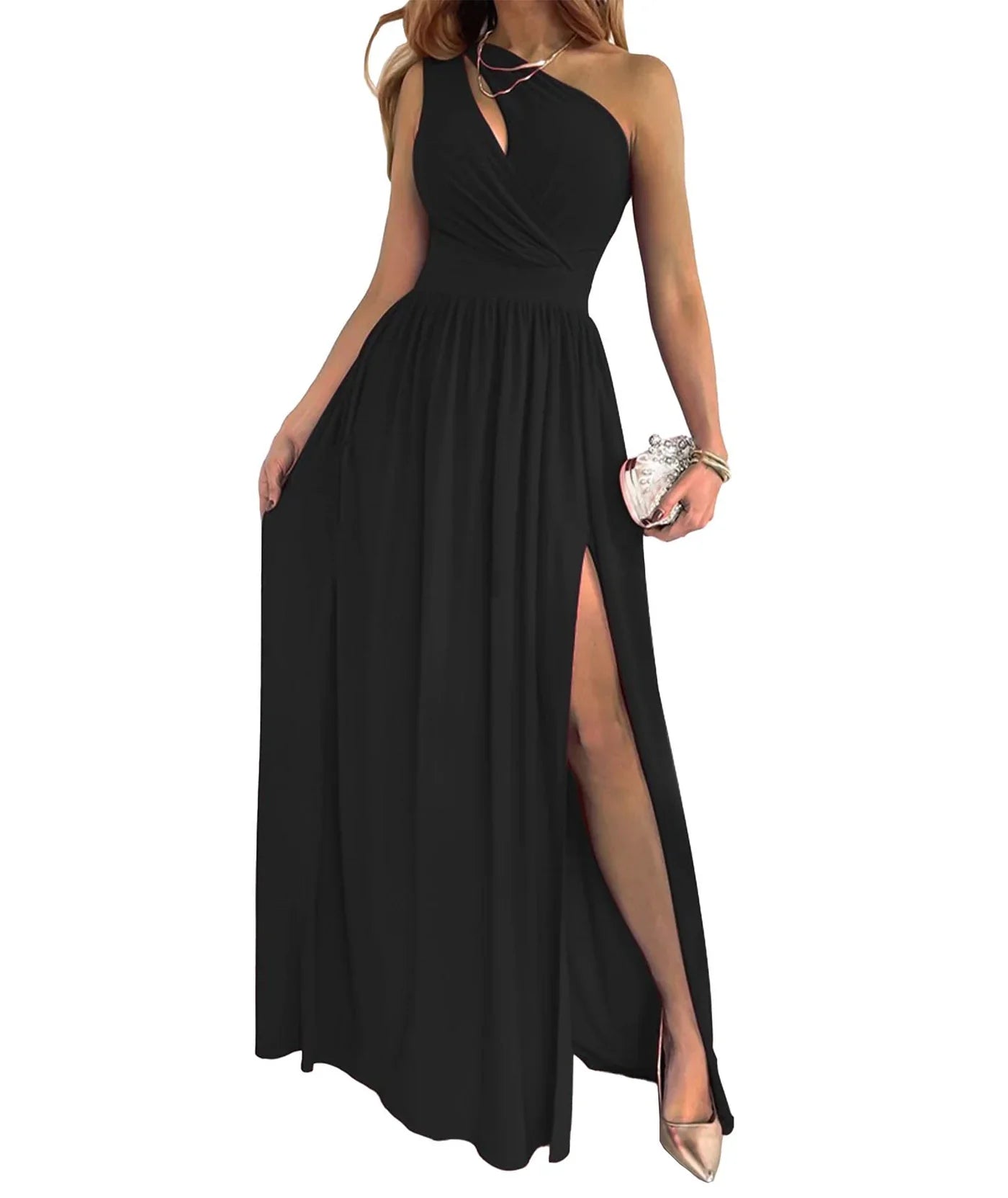 A-line One Shoulder Cutout Pleated Sleeveless High Slit formal dresses Bridesmaid Dresses evening gown Prom Dress