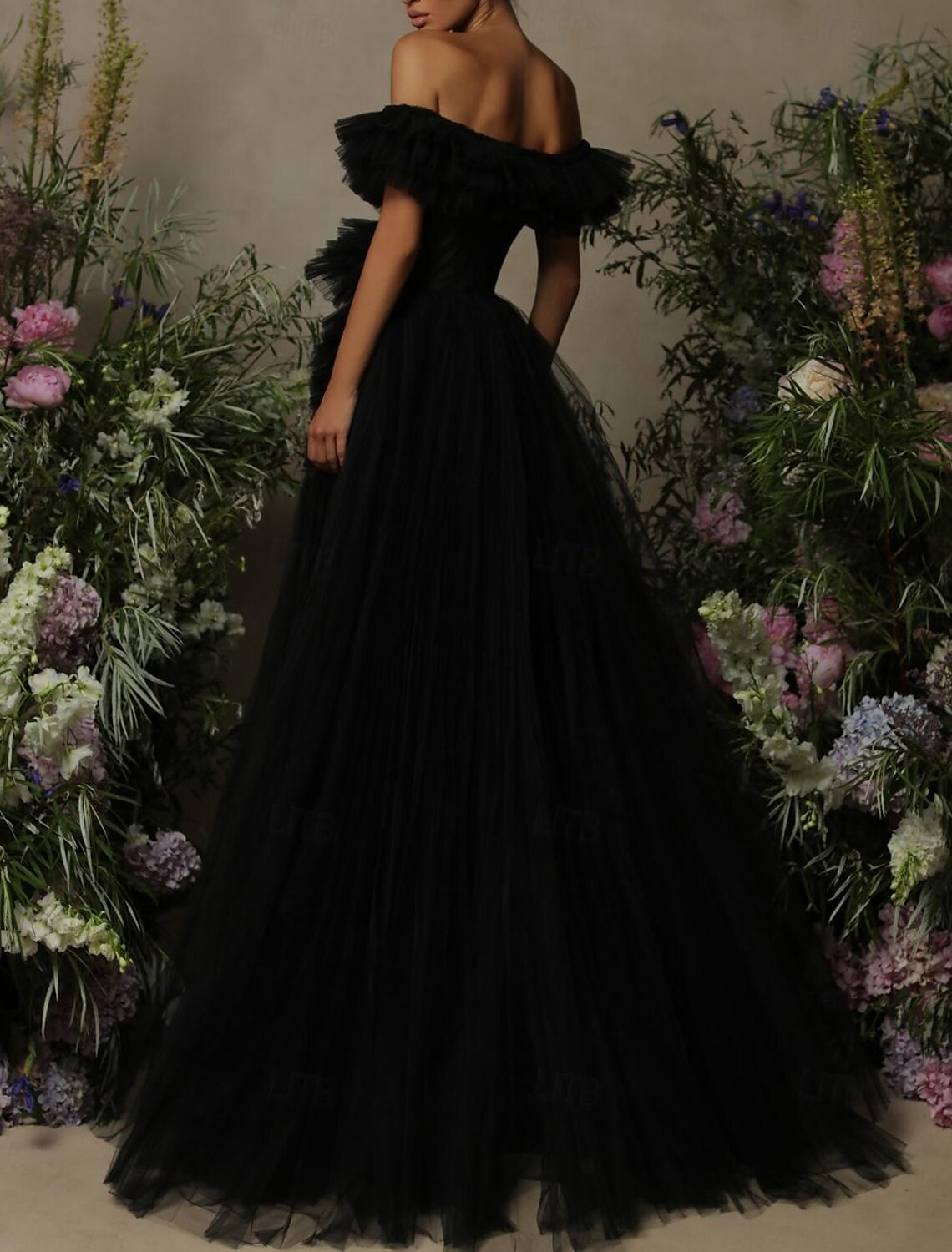 Aimishang A-Line Prom Dresses Formal Women's Dresses Black Formal Dress Floor Length Sleeveless Off Shoulder Tulle with Ruched
