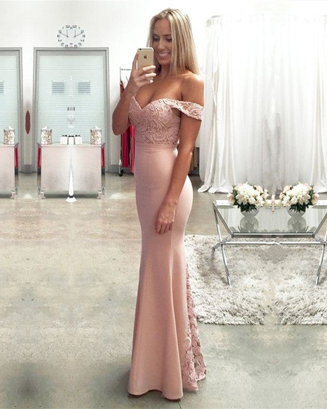 Blush Pink Lace Sweetheart Floor Length Mermaid Bridesmaid Dresses Off Shoulder