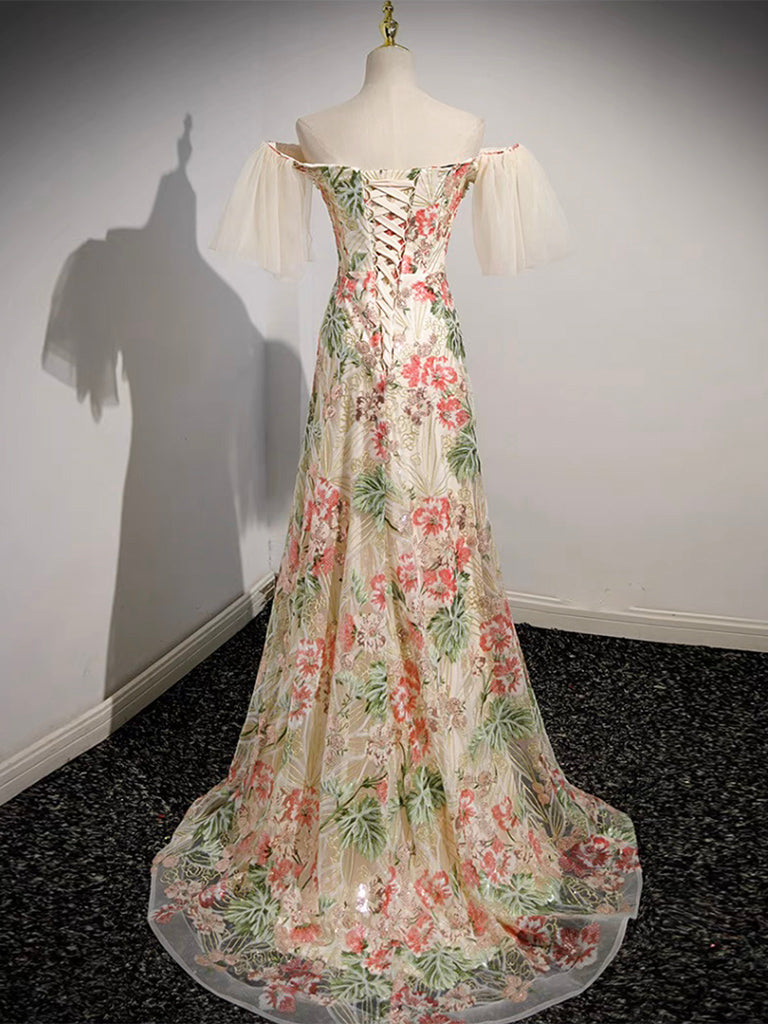 Champagne Tulle Lace Long Prom Dress, Champagne Long Formal Dress