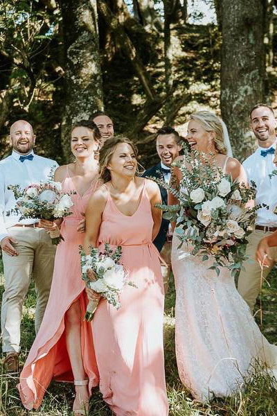 Spaghetti Straps Long Chiffon Blush Pink Bridesmaid Dress with Slit