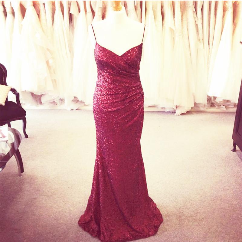 Long Burgundy Sequins V Neck Mermaid Bridesmaid Dresses