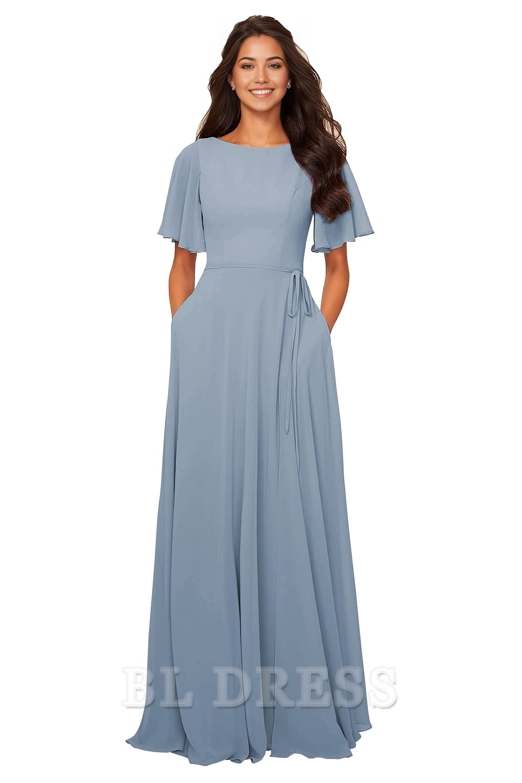 A-line Crew Neck Chiffon formal dresses Bridesmaid Dresses evening gown Prom Dress with Pockets Sash