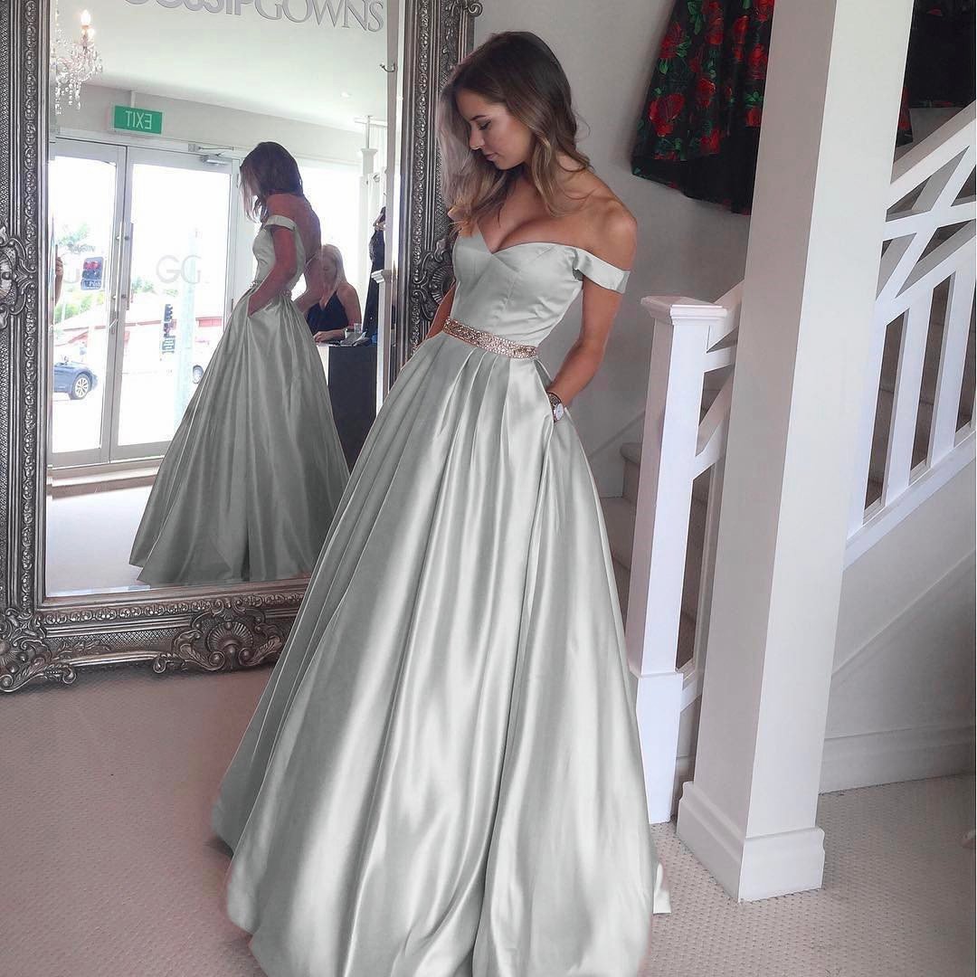 Off The Shoulder Sweetheart Long Satin Prom Dresses Ball Gowns