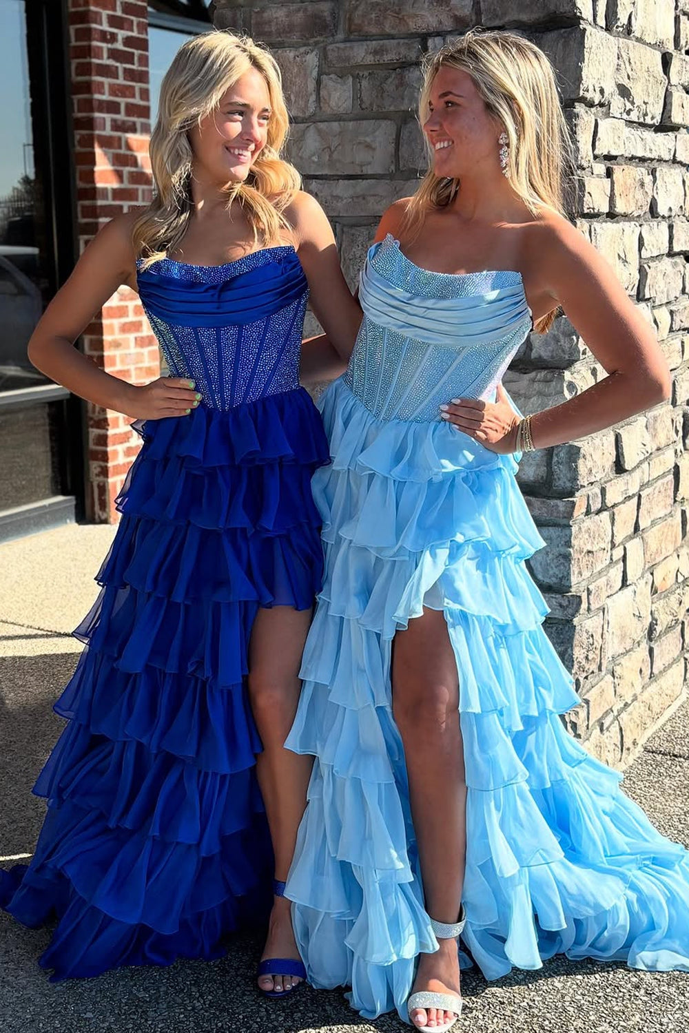 Ball Gown Strapless Royal Blue Ruffle Tiered Chiffon Long Prom Dresses