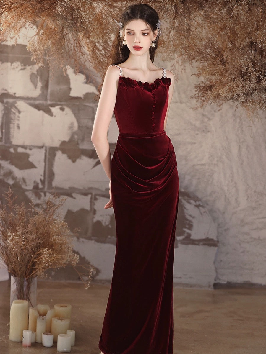 Simple Velvet Mermaid Burgundy Long Prom Dress, Burgundy Long Formal Dress