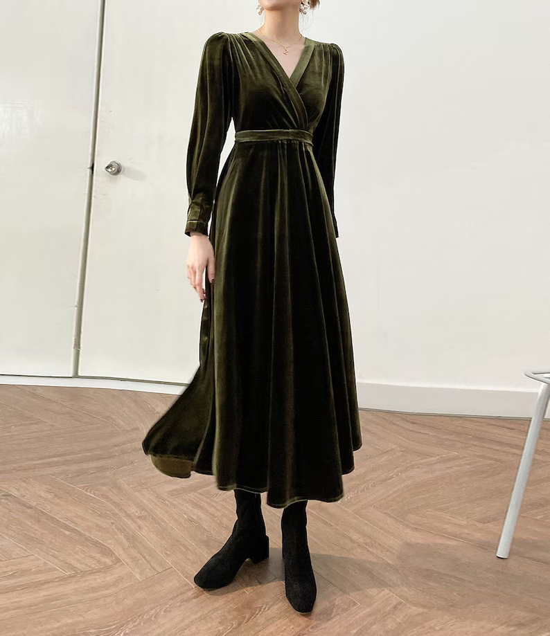 Aimishang Elegant Velvet Dress Ruched Long Sleeve Formal Dress for Wedding Guest