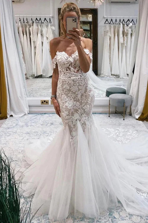 Aimishang Elegant Ivory Off the Shoulder Long Lace Mermaid Wedding Dress