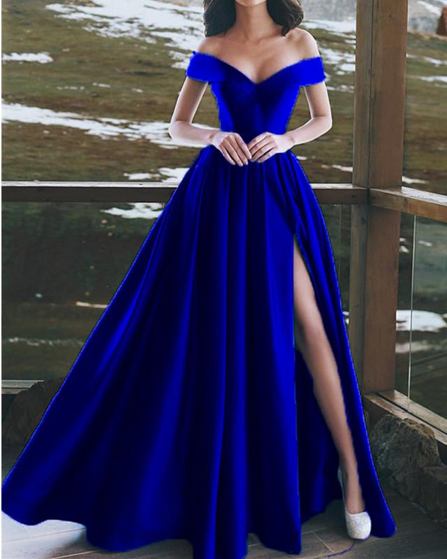 Sexy V-neck Off Shoulder Satin Long Prom Dresses 2019