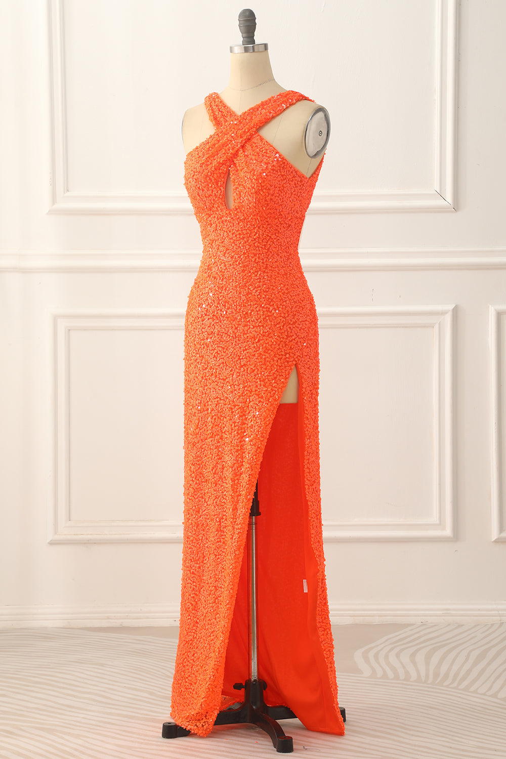 Orange Halter Backless Sequins Prom Dress With Slit Long Sexy