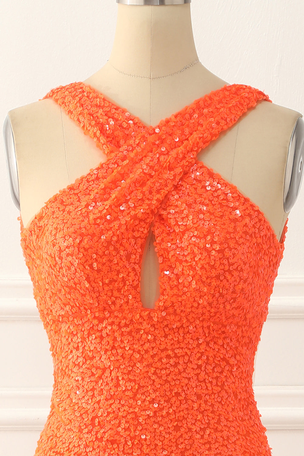 Orange Halter Backless Sequins Prom Dress With Slit Long Sexy