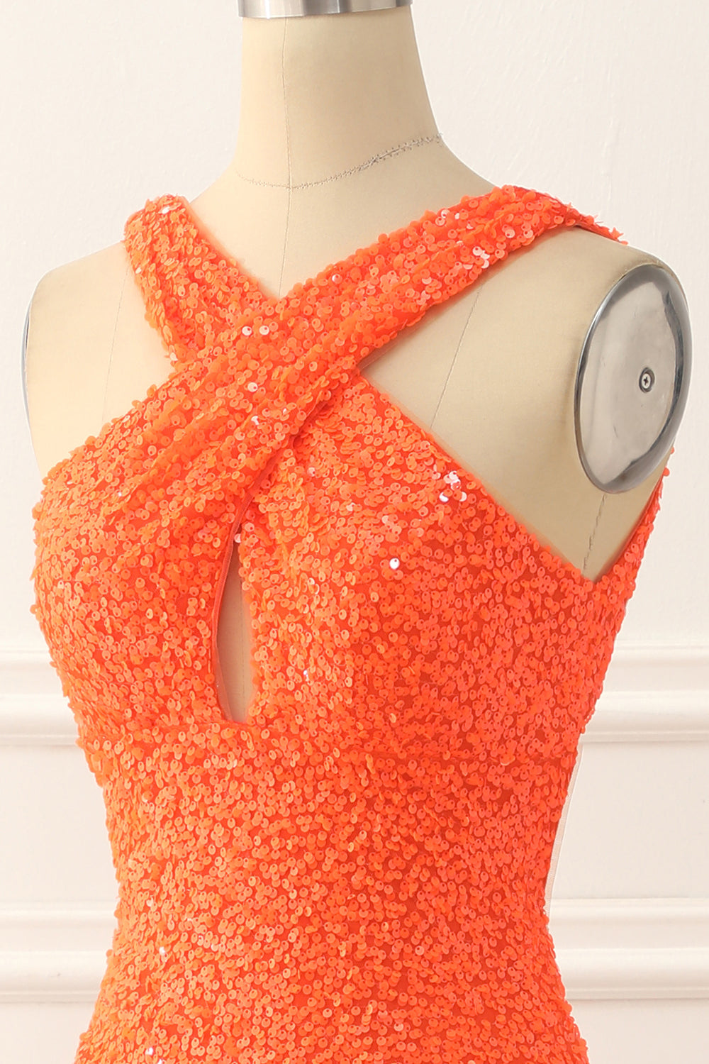 Orange Halter Backless Sequins Prom Dress With Slit Long Sexy