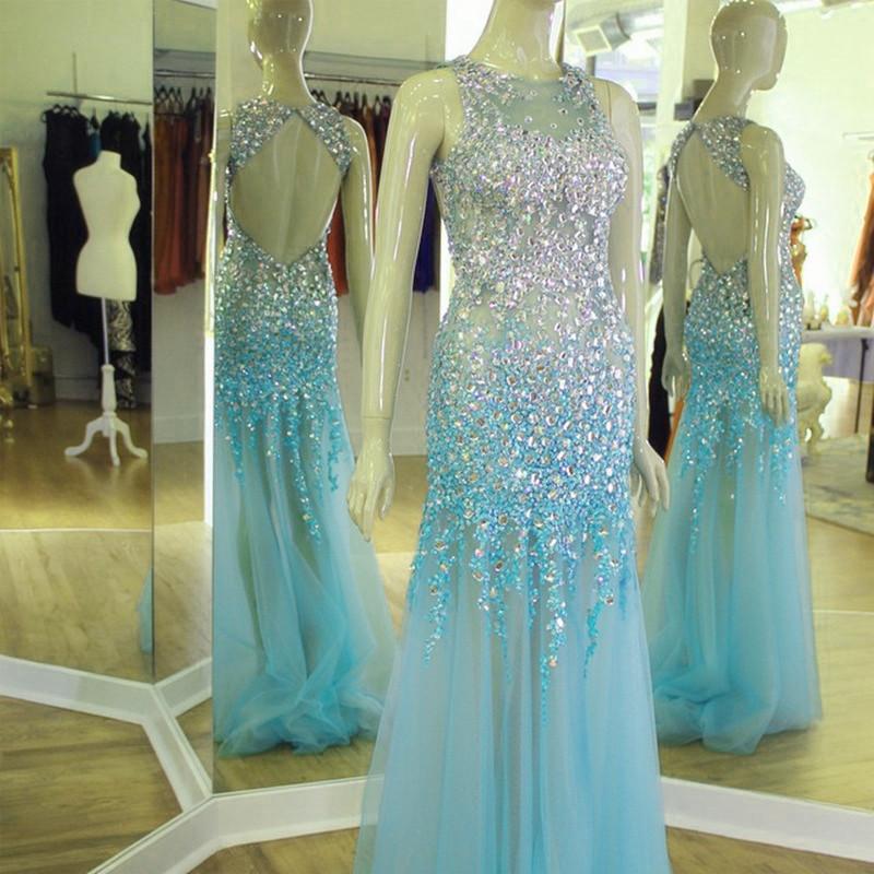 See Through Prom Dresses Mermaid Backless Evening Gowns With Crystal