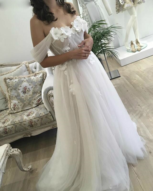 3D Flowers Beach Tulle Off the Shoulder Wedding Dress
