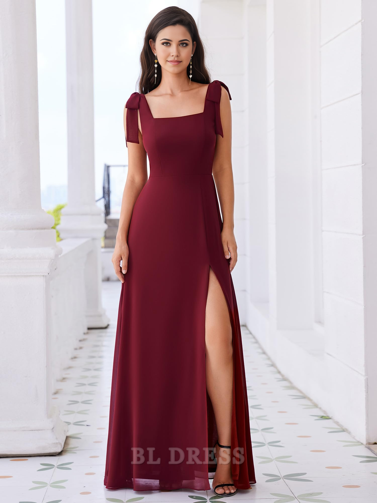A Line Square Neck Sleeveless Split formal dresses Bridesmaid Dresses evening gown Prom Dress