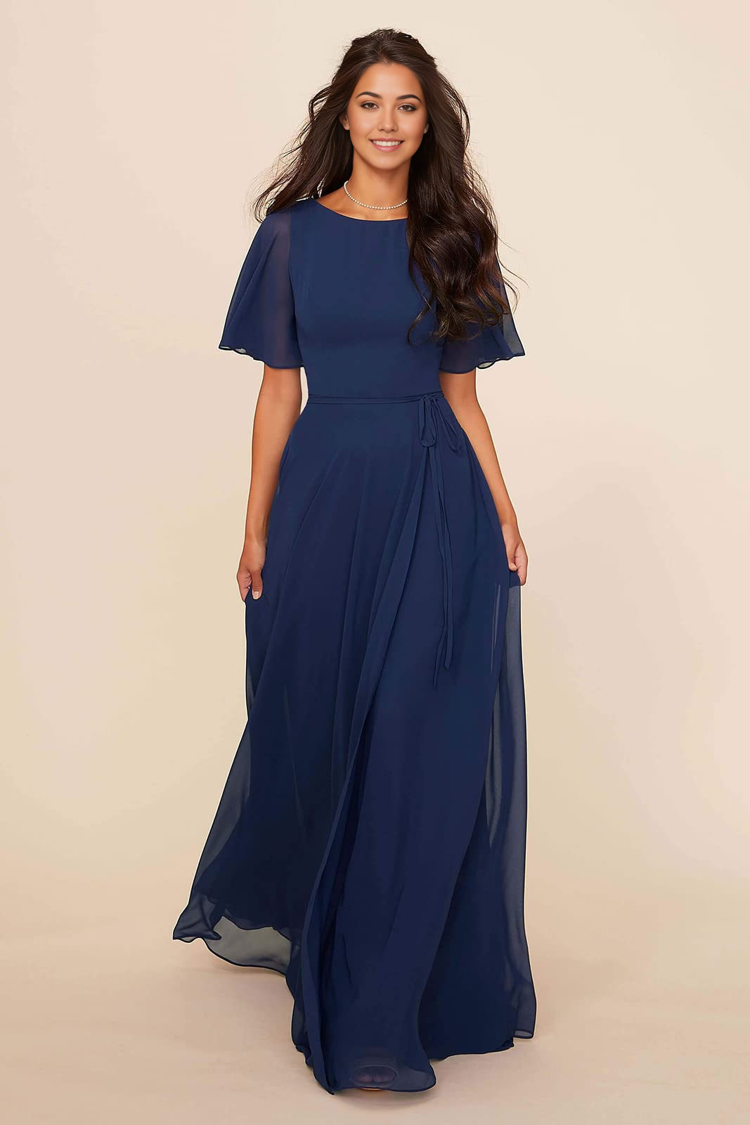 A-line Crew Neck Chiffon formal dresses Bridesmaid Dresses evening gown Prom Dress with Pockets Sash