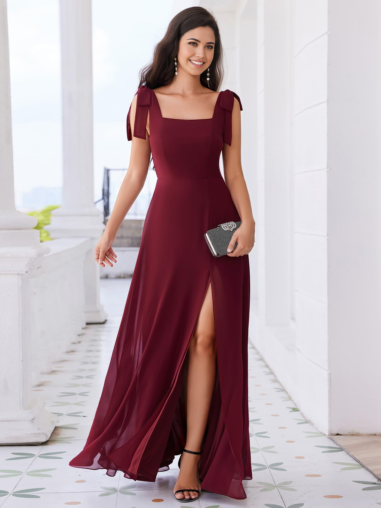 A Line Square Neck Sleeveless Split formal dresses Bridesmaid Dresses evening gown Prom Dress