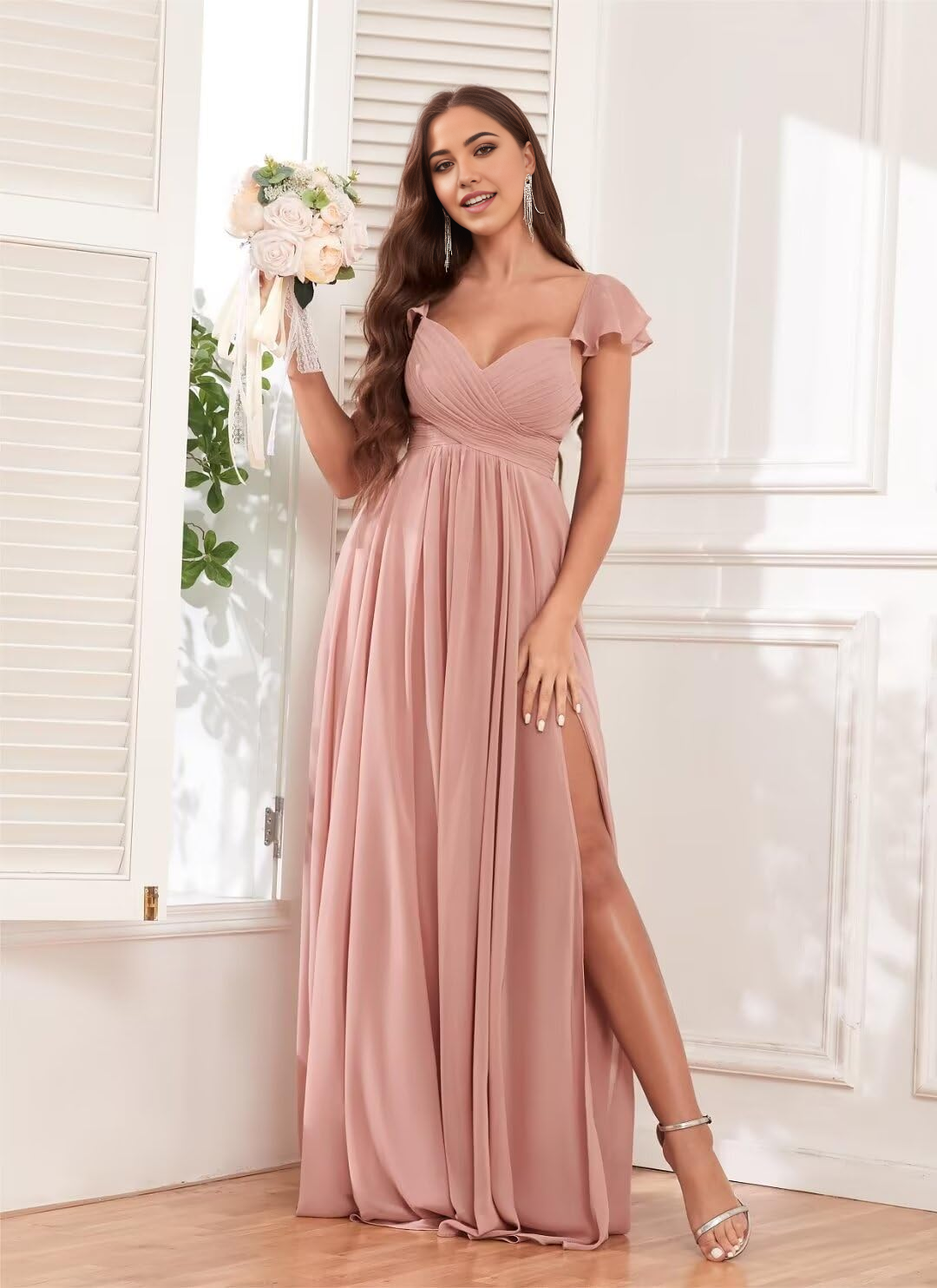 A-line Ruffle Backless Chiffon Pleated formal dresses Bridesmaid Dresses evening gown Prom Dress with Pockets Slit