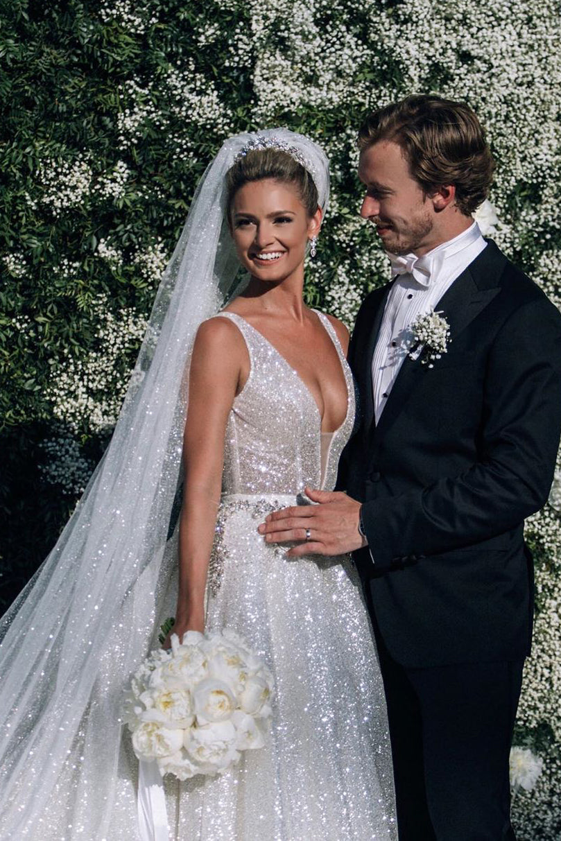 Sparkly A-line Long Deep V-Neck Princess White Wedding Dress