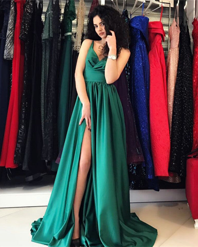Sexy V-neck Long Satin Split Prom Dresses 2018 Formal Evening Gowns
