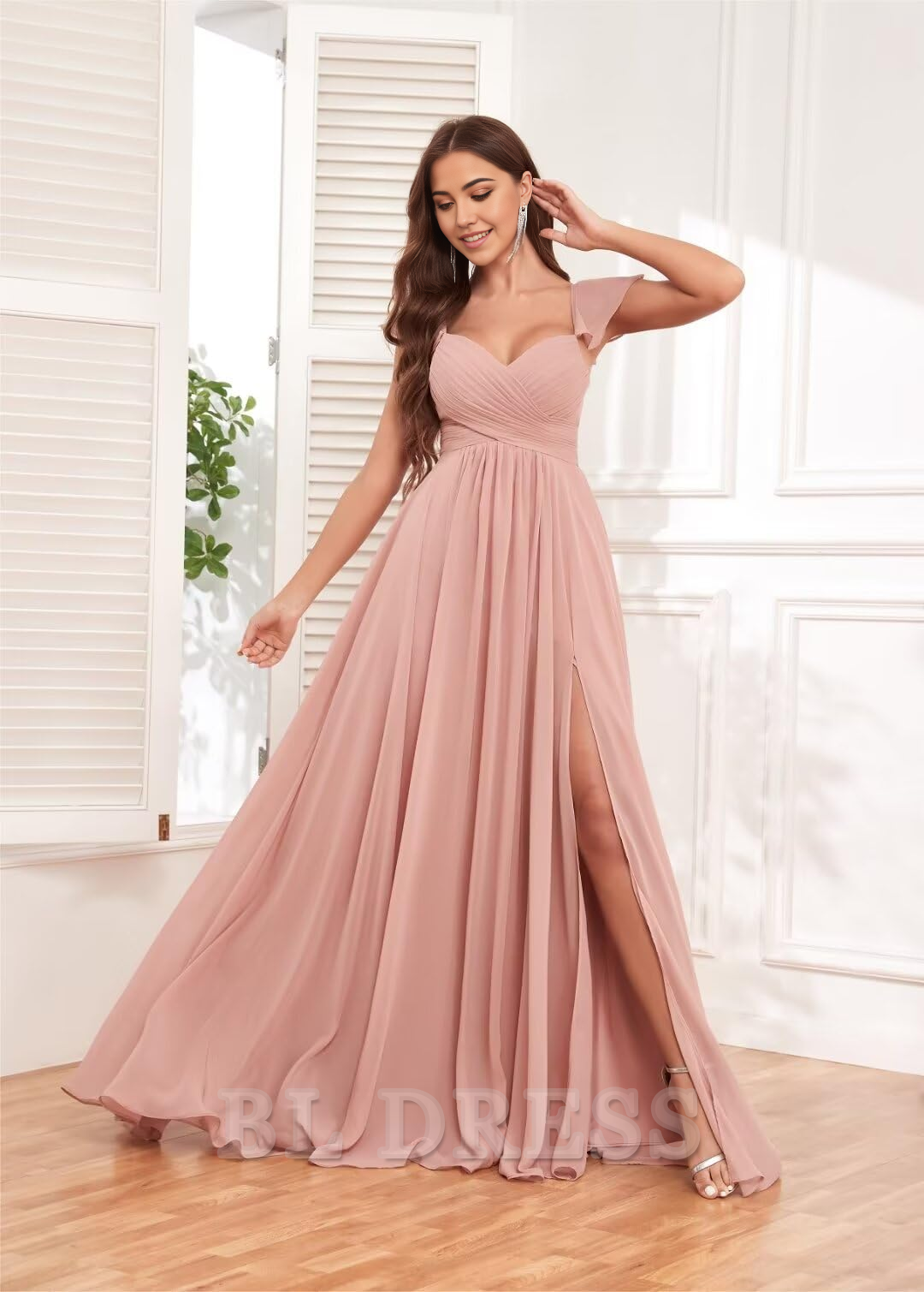A-line Ruffle Backless Chiffon Pleated formal dresses Bridesmaid Dresses evening gown Prom Dress with Pockets Slit