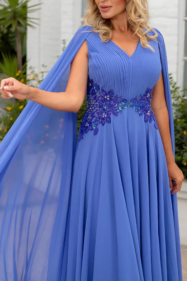 A-line V-neck Chiffon Pleated Beads Elegant Large Size Mother of the bride dress